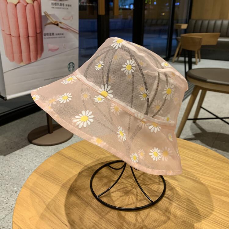 Женская цветочная шляпа-ведро с ромашками, сетчатая кружевная кепка для рыбалки и защиты от солнца, летняя, прозрачная розовый
