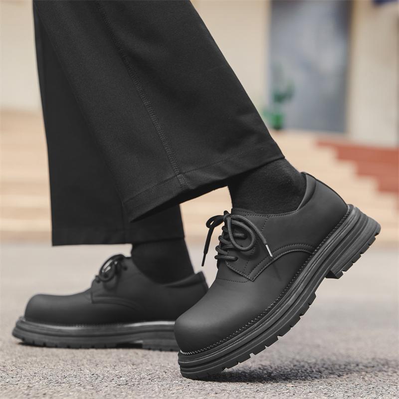 British Style Men's Oxford Shoes Round Toe Thick Soled Business Derby Casual Shoes Outdoor Travel Wear-resistant Leather Shoes