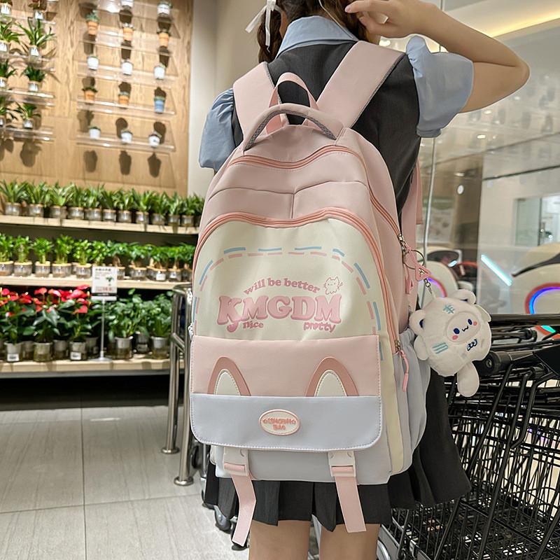 Cute Ears Cat Design Letter Line Pattern Student Backpack With Plush Pendant