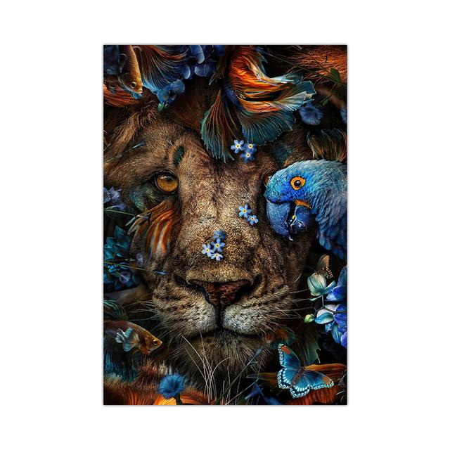 Flower with Animal Lion Tiger Deer Leopard Canvas Painting Wall Art Picture Nordic Print Poster for Living Room Home Decor No Frame