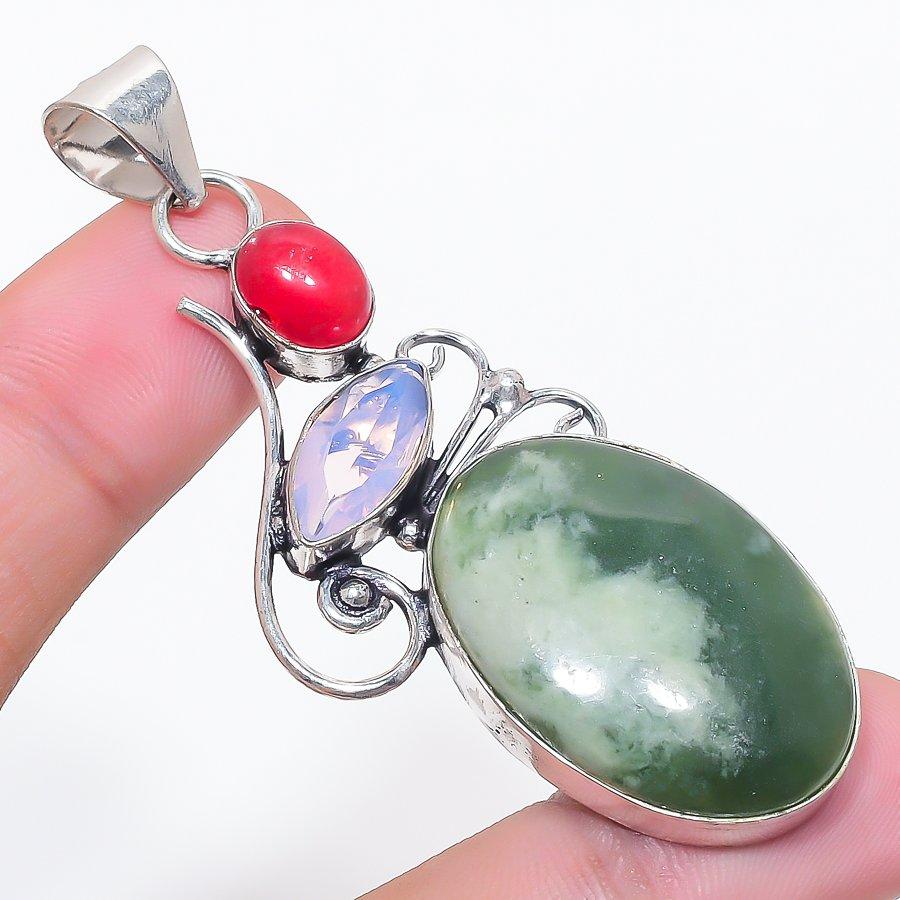 Natural Indian Moss Agate, Coral 925 Sterling Silver Jewelry Pendant 2.60" U1s27