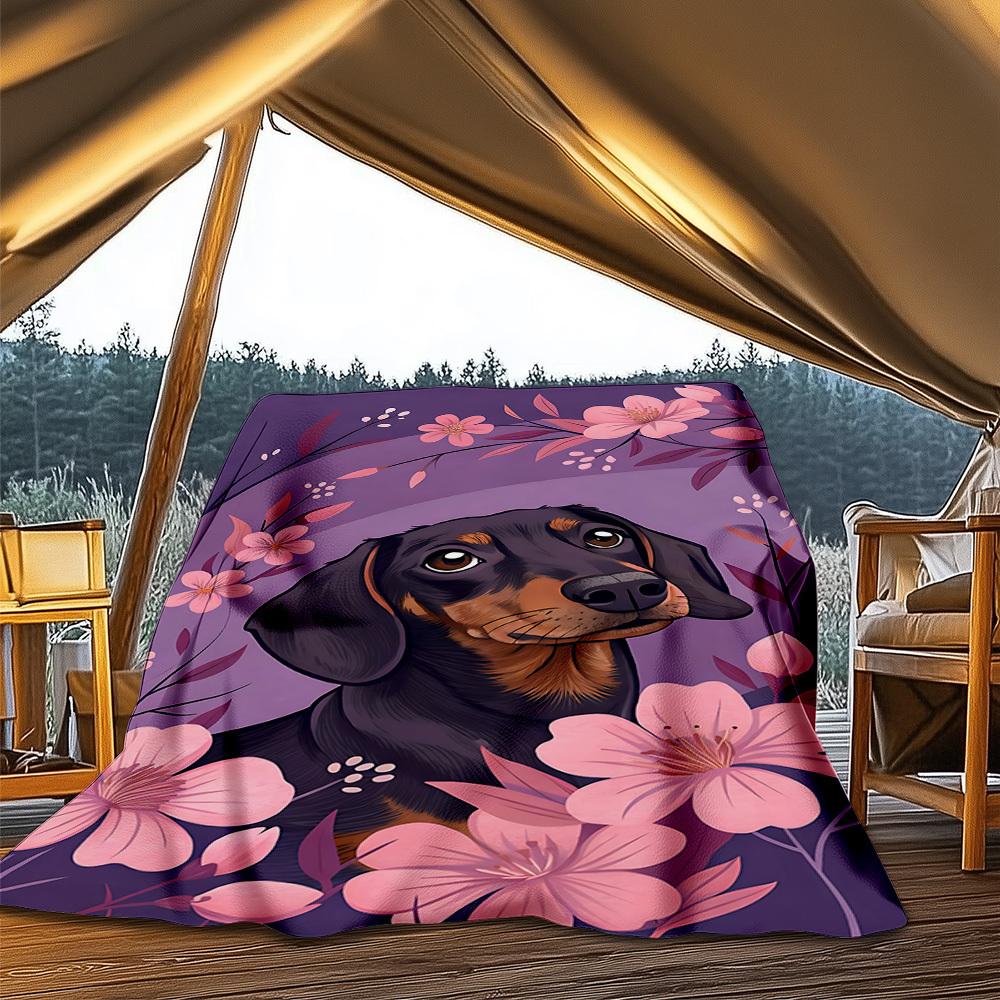 1pc Dachshund Floral Print Outdoor Flannel Blanket , Machine Washable Perfect Gift for Birthday , Holiday Travel Accessory , Durable Material