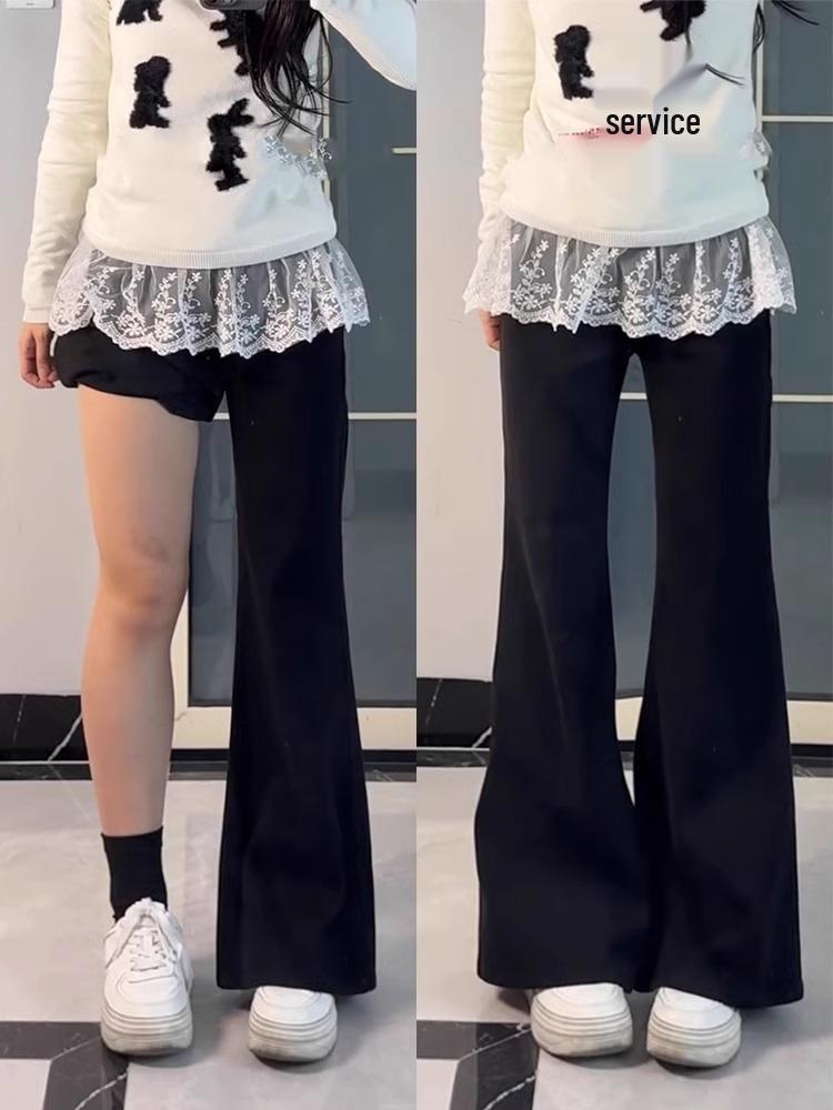 Women's High-Waist Black Micro-Flare Non-Stick Jeans - Plus Size, Wide Leg, Floor-Length, Autumn Collection