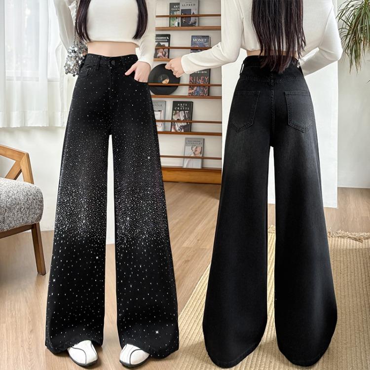Women Korean Style Wide Leg Pants with All Star Rhinestones Fashionable and Versatile Floor Length Trousers