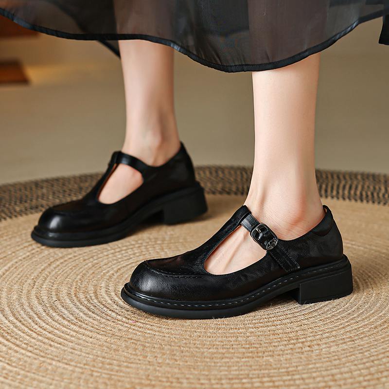 Krazing Pot Sheepskin Round Toe Size 42 Thick Med Heels Slip on Platform Gladiator Metal Buckle Autumn Pumps