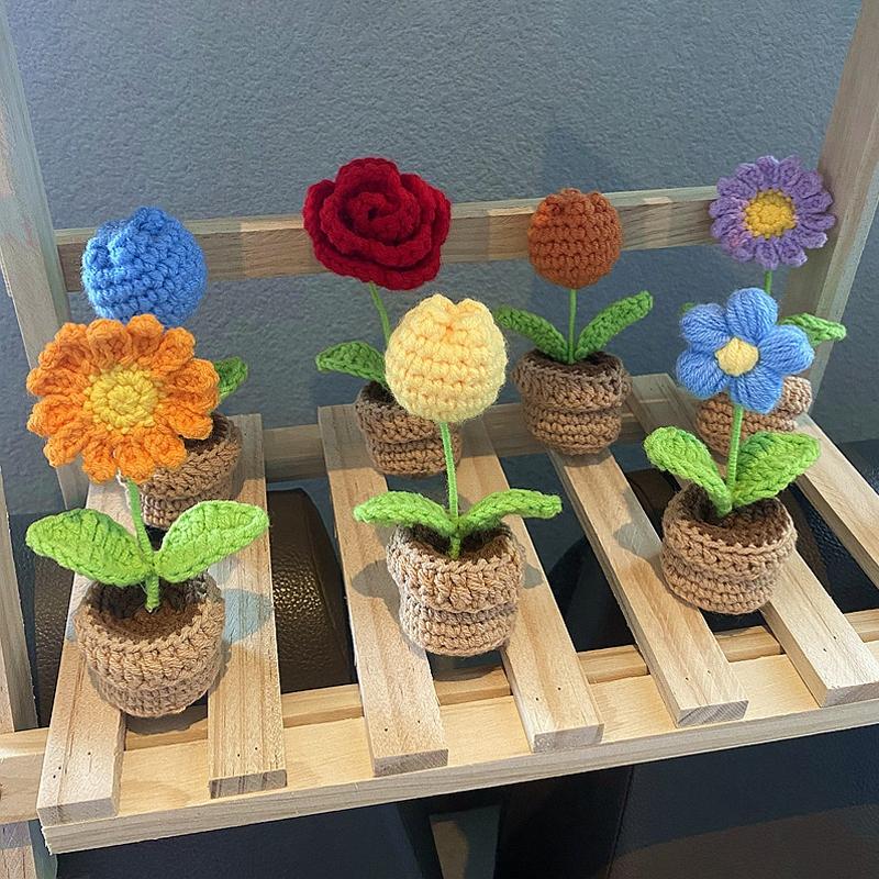 Crochet Artificial Flowers Mini Woven Flowers Crochet Potted DIY Handmade Woven Flowers Valentine's Day Teachers' Day Gifts
