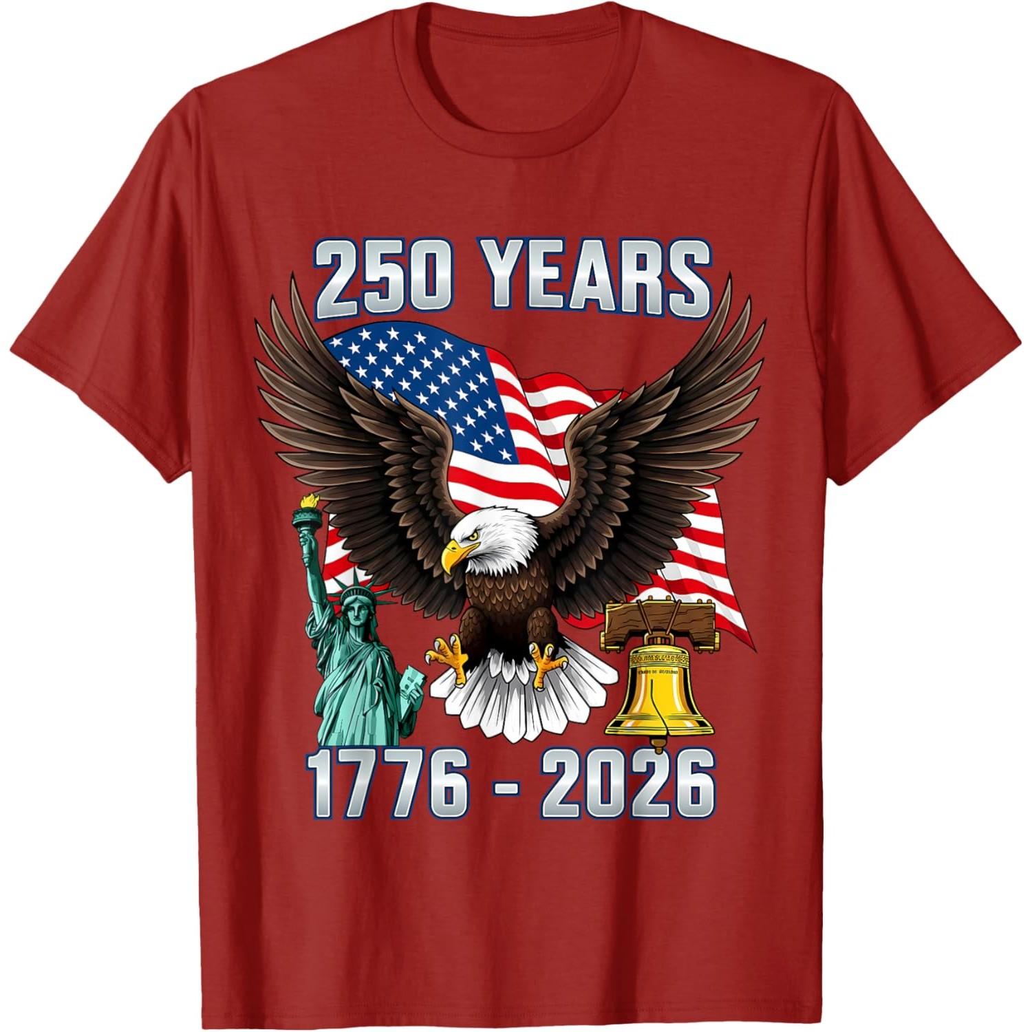 250 Years American 1776-2026 Bicentennial Eagle Graphic T-Shirt Casual Short Sleeve Tee S