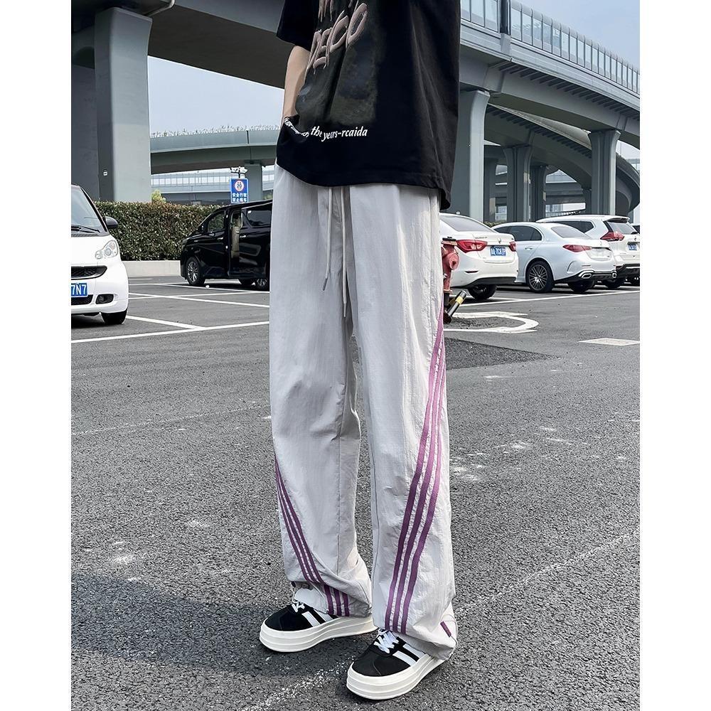 Trendy pants men's summer casual quick-drying sweatpants bar striped straight pants loose ice silk American style