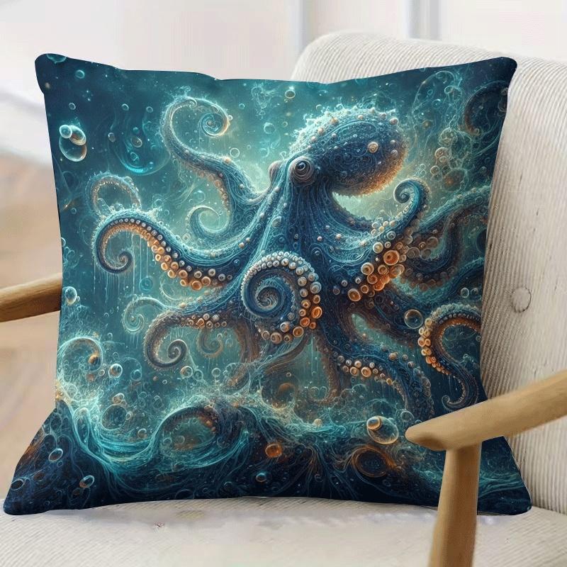 pc D Flat (Pillow Not Included) Fantasy Octopus Underwater Art Cushion Cover Short Plush Ocean Theme Decor Pillow Case