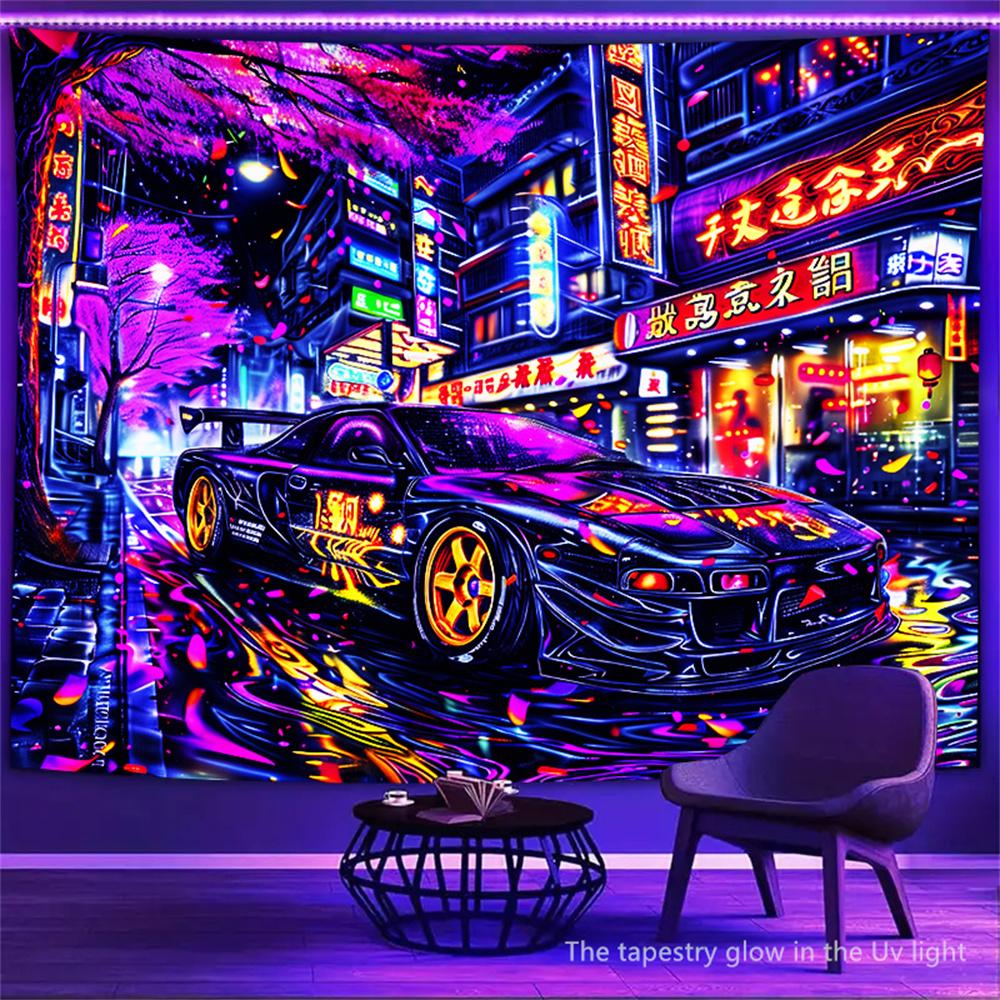 Racing Uv Blacklight Fluoresce Tapestry Room Decoration Neon-Lit Anime Car Aesthetic Wall Hanging Party Decor Backdrops Cloth