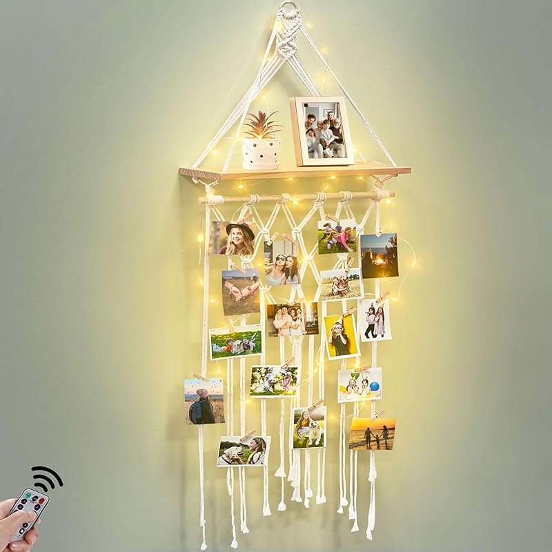 Homecor Macrame Hanging Photo Display Wall Decor with Wooden Shelf, Boho Room Bedroom Decor, Picture Card Frame Collage Board with Light 30 Clips,