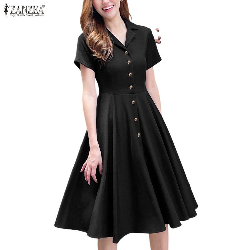 ZANZEA Women Casual Turn Down Collar Summer Short Sleeve Dress