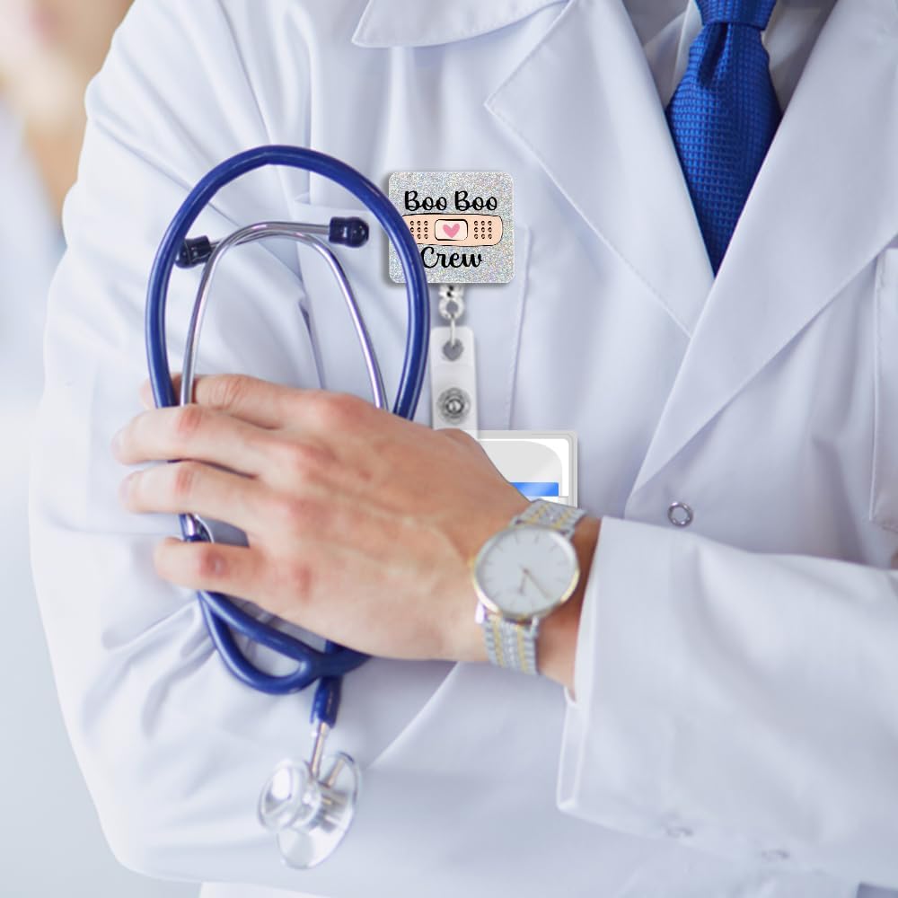 Boo Boo Crew Badge Reels Retractable Glitter with Clip, Funny Bandage Badge Holder for Pediatrics Nurse School Nurse Healthcare Medical Office