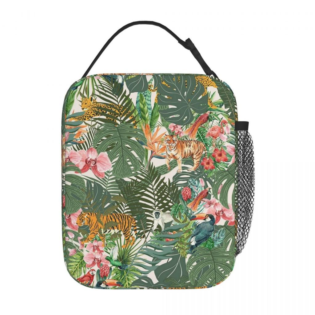 Dschungeltiger und tropische Blumen isolierte Lunchtasche für das Büro, Kühlbox, Thermobehälter für Lebensmittel, Tragbare Lunchboxen Behälter