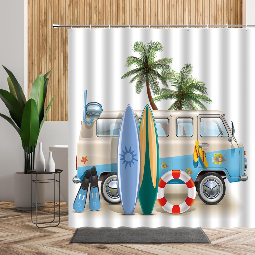Forest Camping Poster Shower Curtain Camper Car Woods Bathroom Bath Decors Outdoor Landscape Backdrop Cloth 3D Room Curtains Set