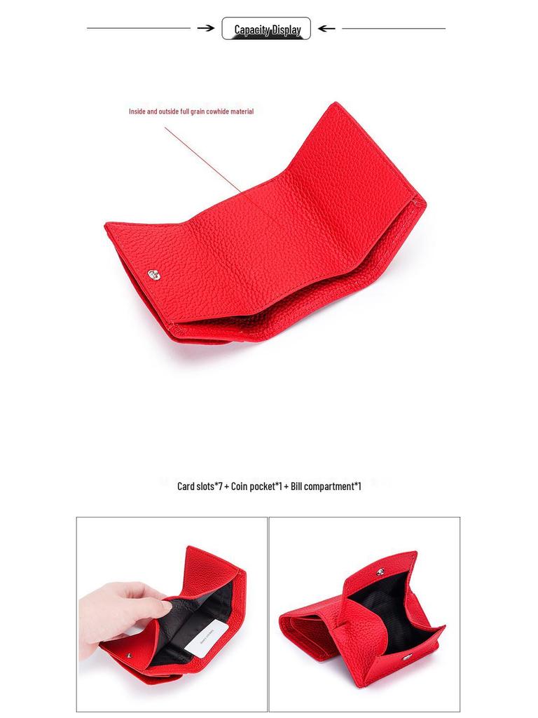 Kompakte dreifach faltbare Geldbörse aus echtem Leder im japanisch-koreanischen Stil