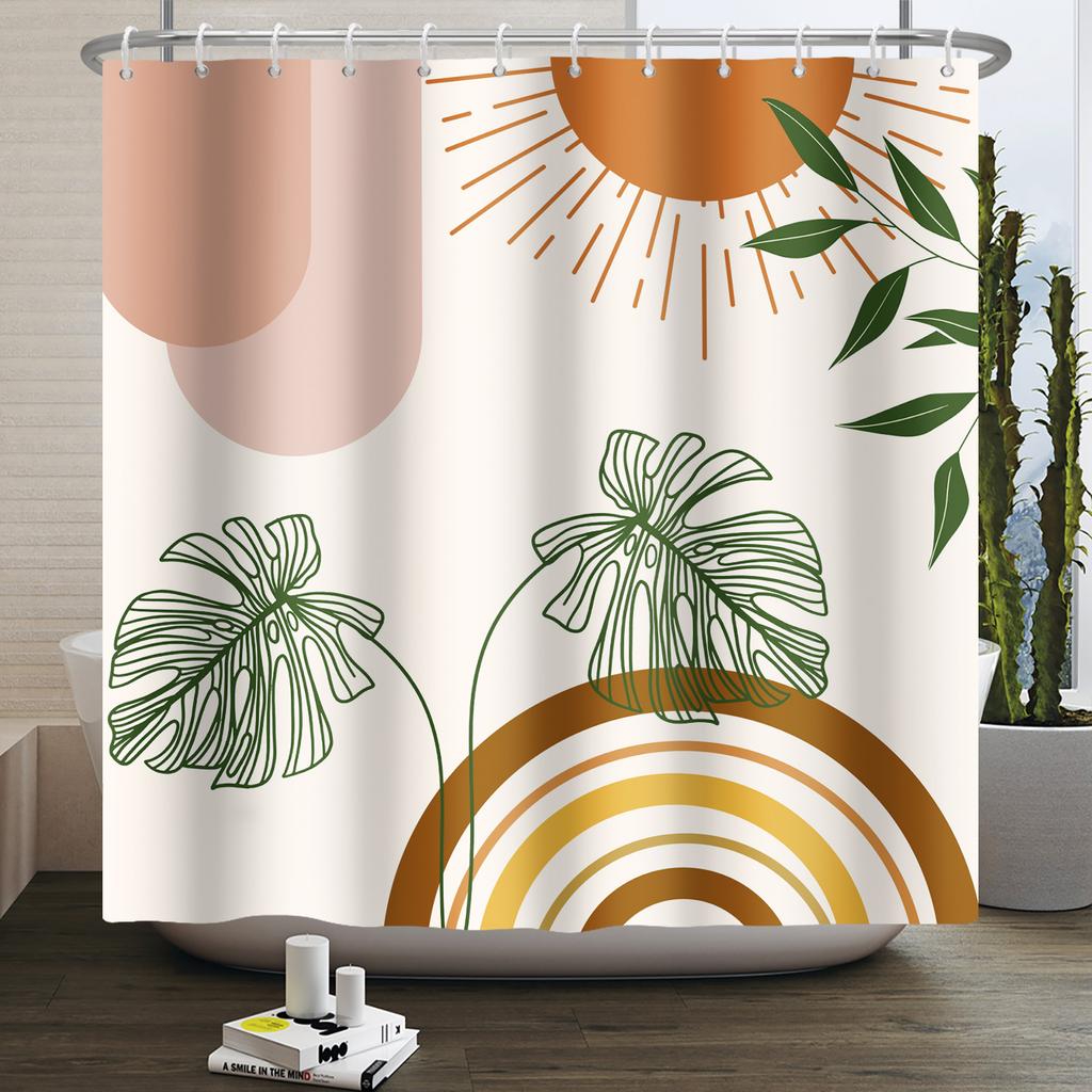 Mid Century Abstract Boho Shower Curtain Green Leaf Plant Modern Arch Sun Minimalist Nordic Waterproof Bathroom Bath Curtain