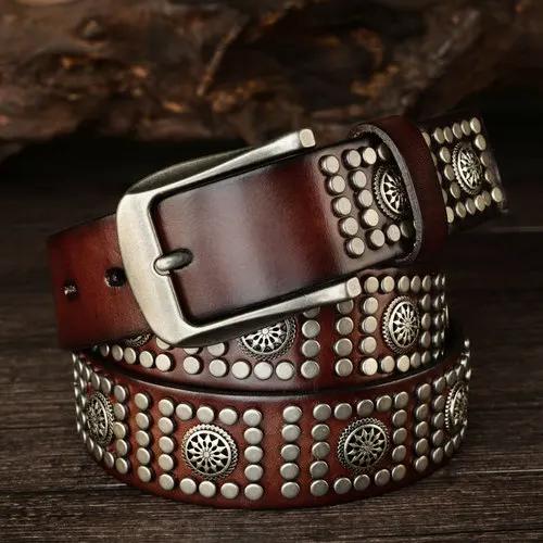

3.8cm Unique Design Retro Belt Scaly Hip Hop Punk Belts for Men Top Quality Cow Geunine Leather Belts Accessories for Jeans 125cm кавовий