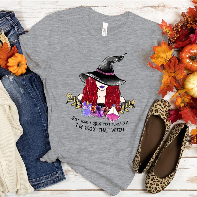 Im 100 That Witch Essential Halloween Tshirt Female Vintage Flower Graphic T Shirts Women Halloween Characters Women Clothing S