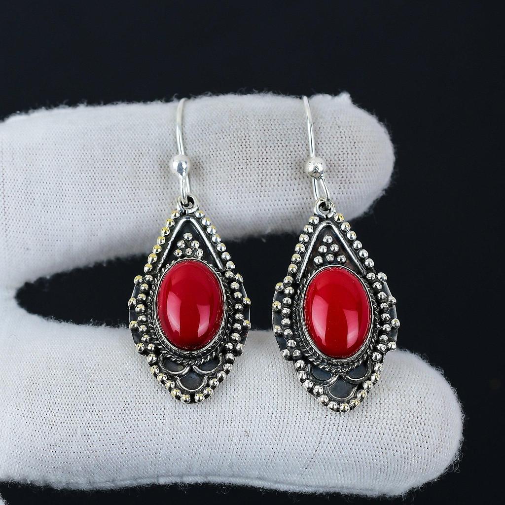 Natural Red Coral Gemstone Earrings, 925 Sterling Silver Earring, Handmade Boho Silver Jewelry Dangle Earrings, Wadding Gifts
