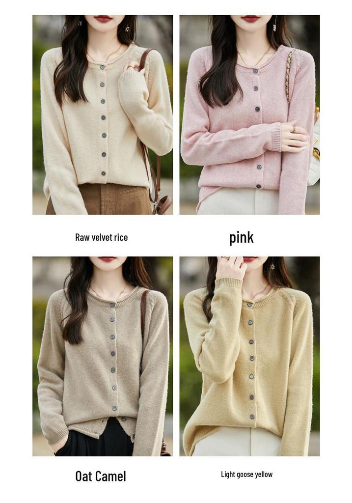 Women's Solid Color Knit Cardigan - Loose Korean Style, Round Neck, Rolled Hem, Casual Outerwear