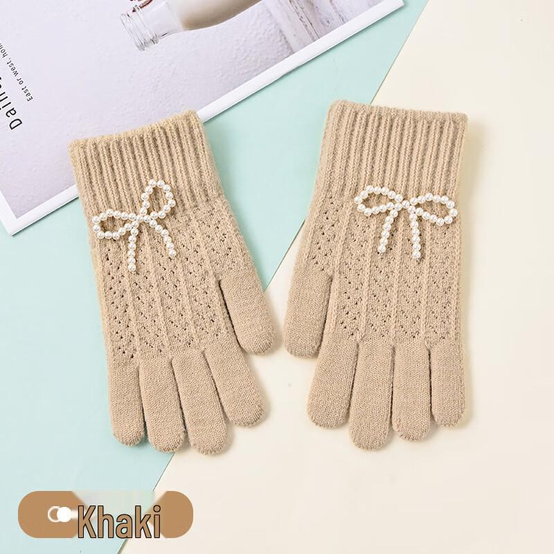 Women's Winter Knitted Touchscreen Gloves with Bow & Pearl
