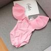 New Korean Style Girls' One-Piece Swimsuit with Ruffled Edges & Bow - Solid Color for Small to Medium Kids