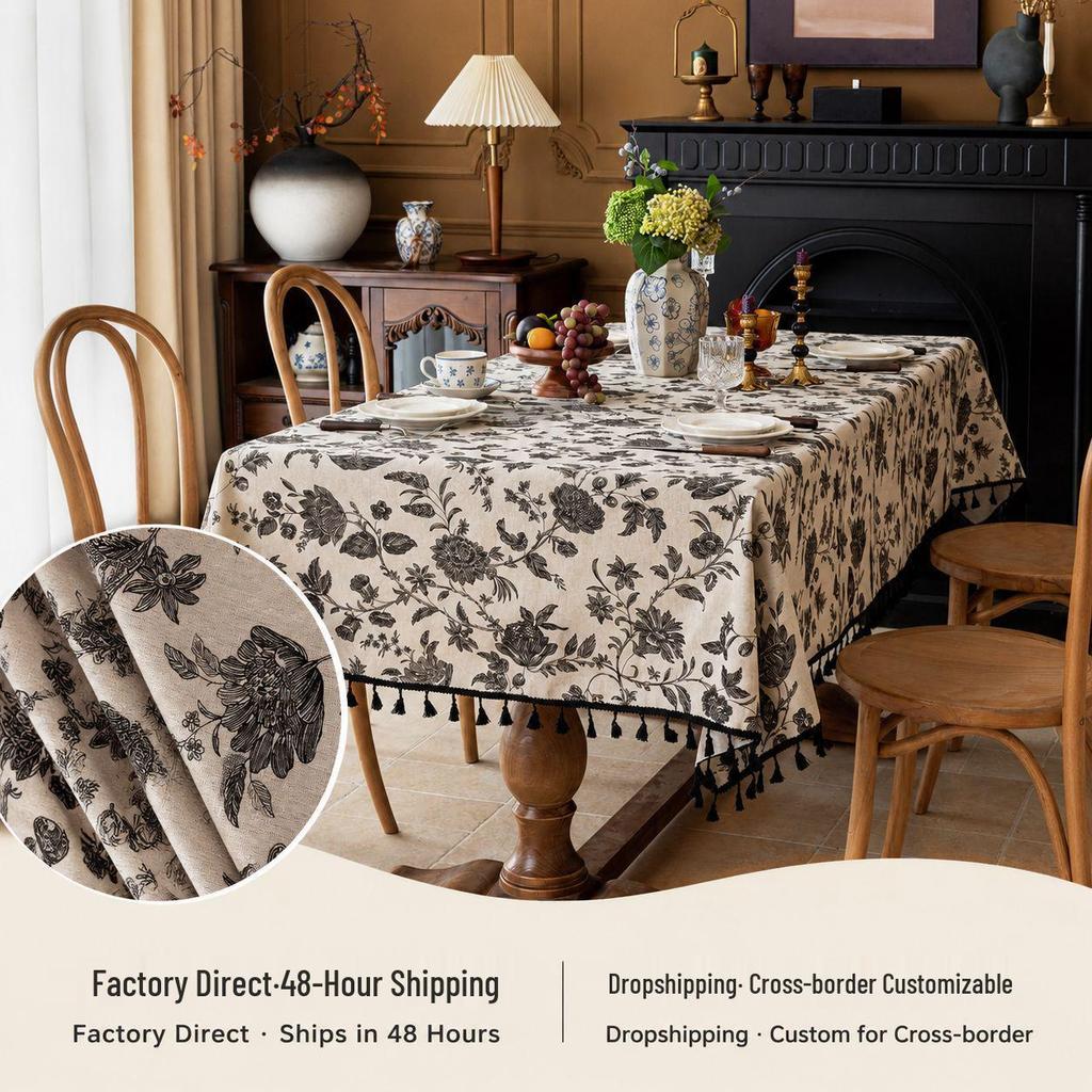 Retro Black Floral Tassel Tablecloth – Rectangular, American French Pastoral Style Coffee Table Cover.