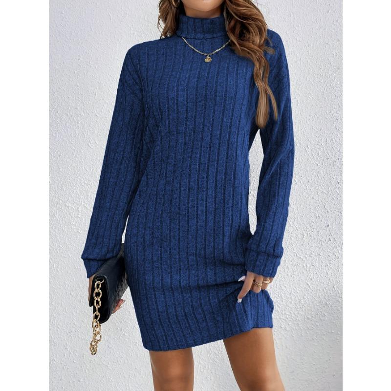 Women S Casual Solid High Neck Long Sleeve Knit Dress