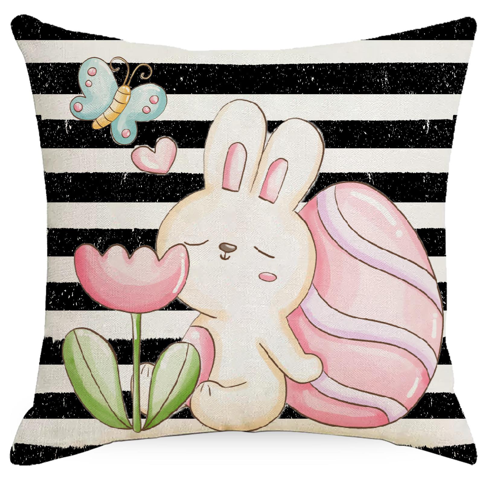 

Easter Pillow Cover Black And White Striped Rabbit Easter Egg Printed Linen Pillow Cover Sofa Cushion Premium Durable 45 * 45Cm without pillow core