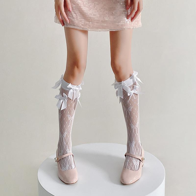 

Bow Lace Calf Socks for Women Ballet Style Summer Thin Cut Hollow Jacquard Lolita JK Mid Tube Socks белый