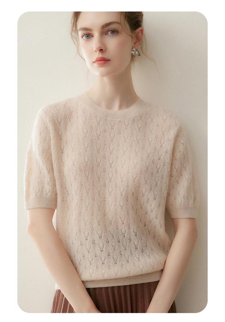 Lekasha 100% Pure Cashmere Round Neck Hollow Knit Short Sleeve T-Shirt