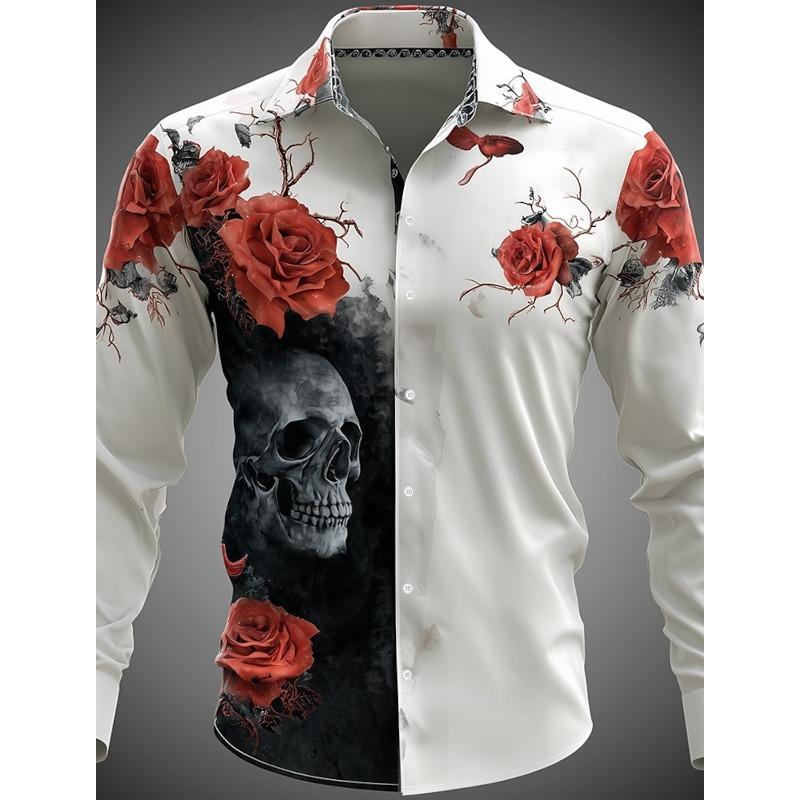 Halloween Thema Mannen Halloween Kostuums Schedels Shirt Knoopsluiting Shirt Casual Overhemd Lange Mouw Donkere Gotische Stijl Tops