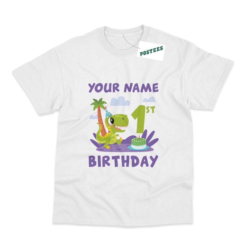 Dinosaur With Birthday Cake Age And Birthday Childs Name Printed TShirt S