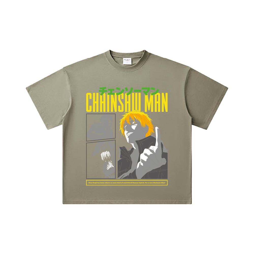 260 GSM Double Yarn 32 Count 100% Cotton Chainsaw Man V45 Denji Print Unisex Heavy Cotton T Shirt