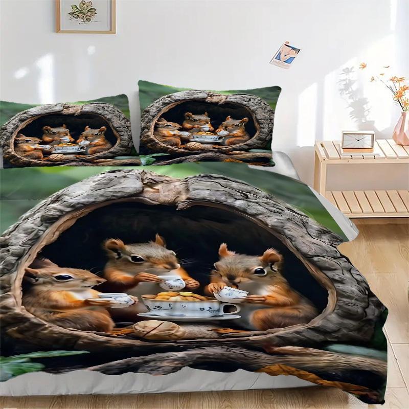 3pcs Anime Squirrel Tea Party Bedding Set - Includes One Quilt Cover and Two Pillowcases (No Core) - Perfect for Bedroom and Guest Room Deco