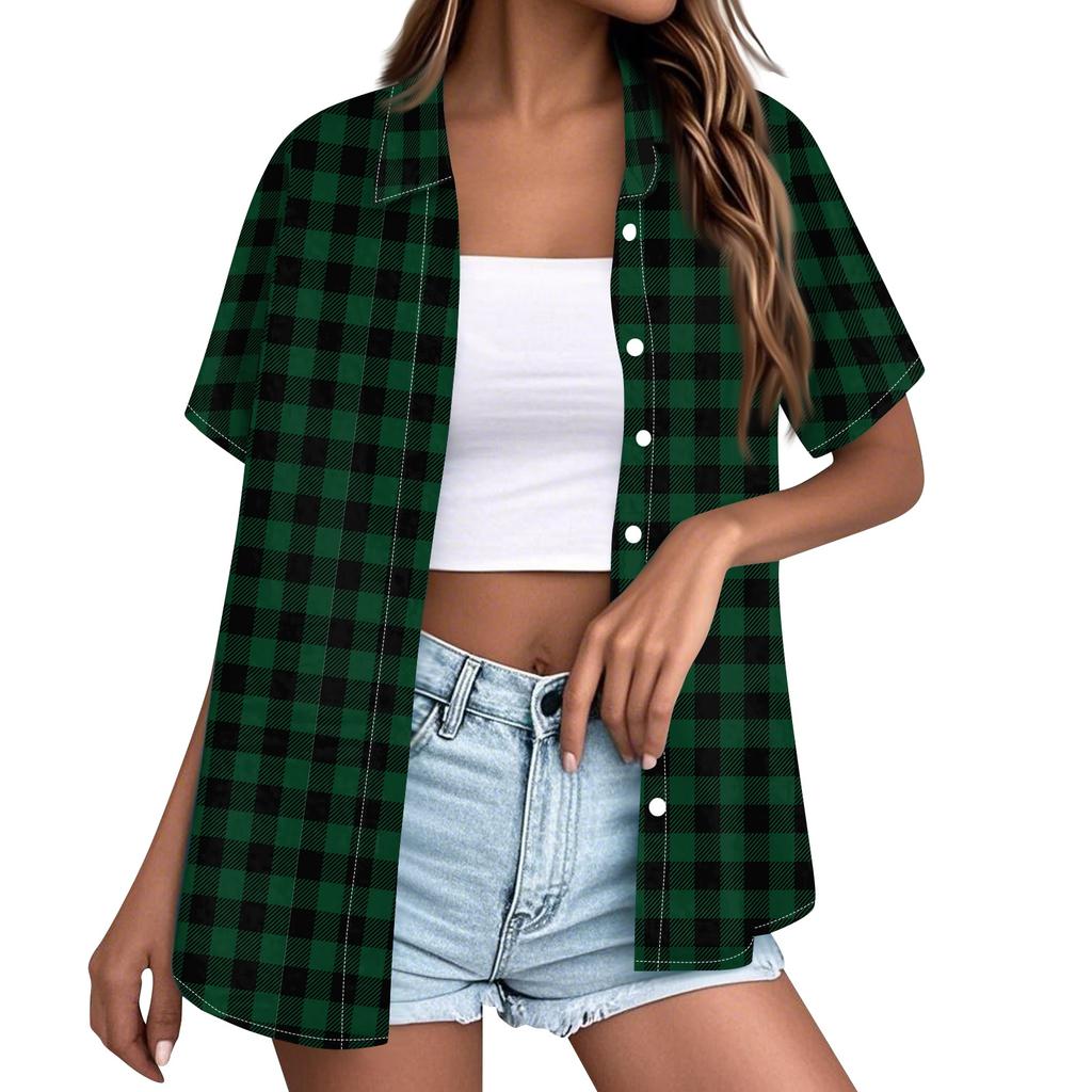 Women's Short Sleeve Button Down Shirt Loose Fit Casual Collared Blouse Summer Top