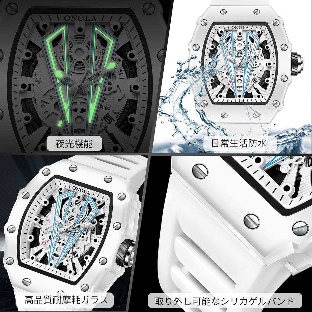 RORIOS Men's Bucket-Shaped Tonneau-Shaped Analog Watch with Multi-Function Quartz Movement, Hollow Silicone Band, Date Display, Luminous Display, Ligh