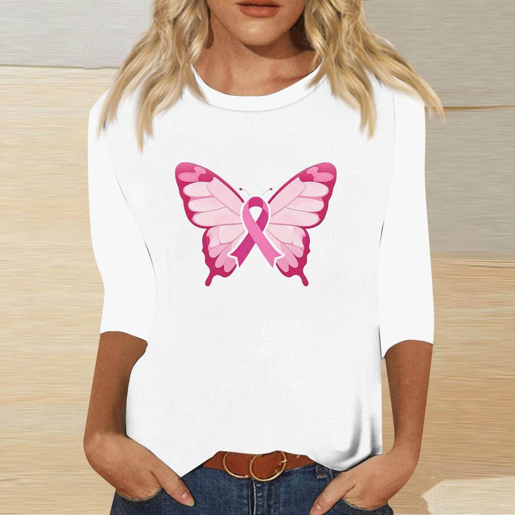 Women's Breast Casual Top with 3/4 Sleeves Round Neck Loose Fit Printed Ribbon Heart Butterfly Pattern for Daily Wear