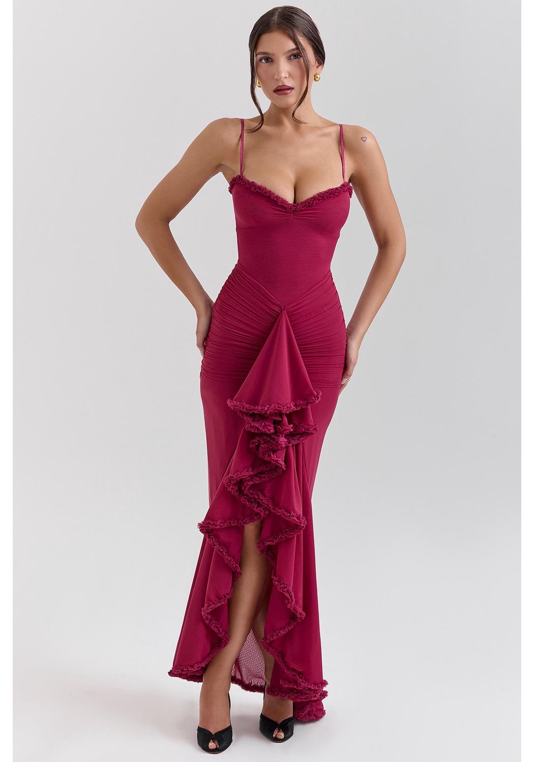 Euro-American INS Style Sexy Mesh Slim Fit Mid-Length V-Neck Spaghetti Strap Dress Extra Small