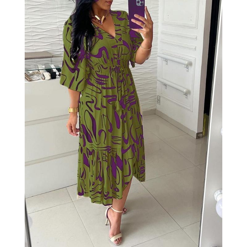 Summer Printed V-neck Women's Dress, High-waisted Tie Dress Flared Mid-sleeve Ruffled Dress