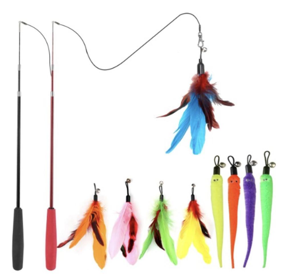 Interchangeable Eco-Friendly Cat Teaser Wand Set Fluffy & Feather Refills Extendable Bounce Rod Chew-Proof Plush Kittens Toy
