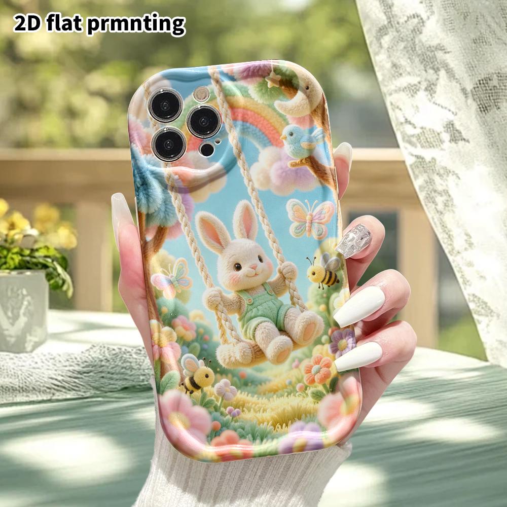 Phone Case: 2D Flat Design Suitable for iPhone 18 17 16 15 14 13 Pro Protective Case, Little Bunny On a Swing, Perfect Christmas and Halloween Holiday