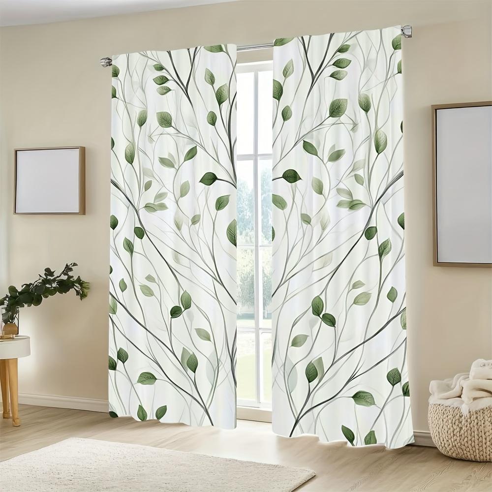 2Pc  Leaf Pattern Printed Curtains, Polyester Fabric, Machine Washable, Perfect For Bedroom, Study, Living Room, Office