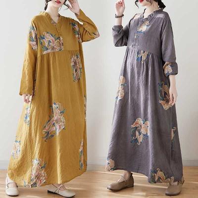 Echter Frühling und Sommer Neu Retro Baumwolle und Leinen Druck Locker Lässig Pilzspitze Kragen Langärmlig Großes Schwingkleid