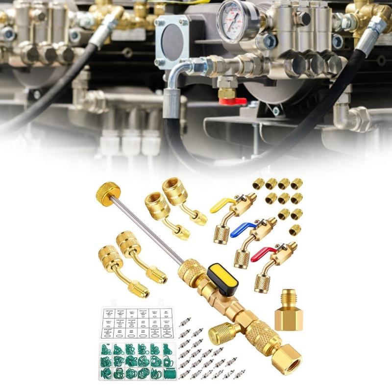Small Ball Valves Core Extractor Kit Includes Brass Adapters Sealing Washers for R410A R22 32 Refrigerants Ports Use