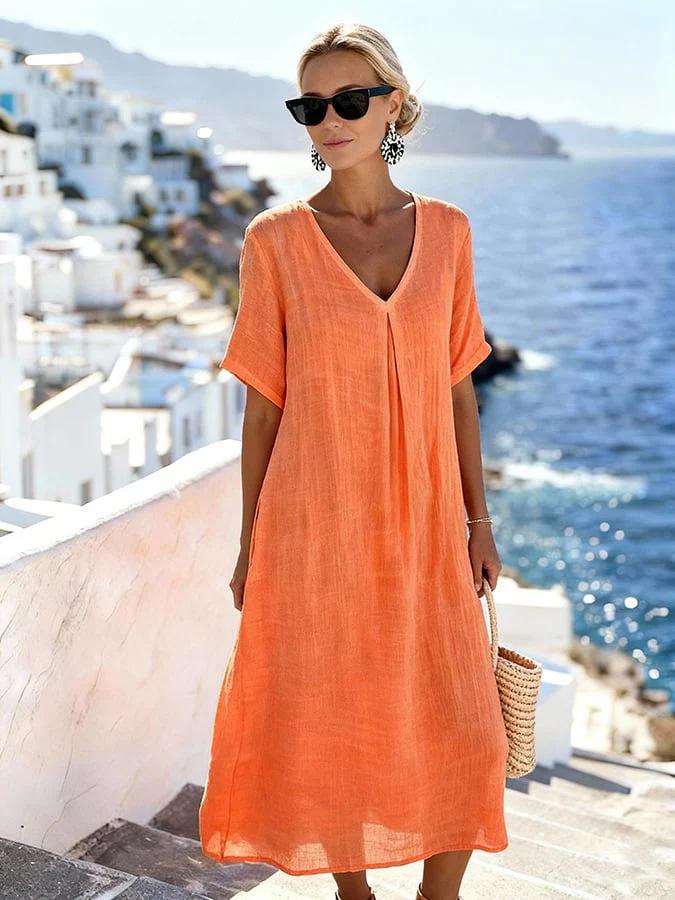 New casual spring and summer loose long dress short-sleeved V-neck solid color cotton and linen dress