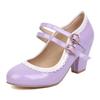 Pink Patent Leather Double Ankle Strap Mary Janes Women High Block Heels White Purple Bordered Sweet Dress Lady Round Toe Pumps