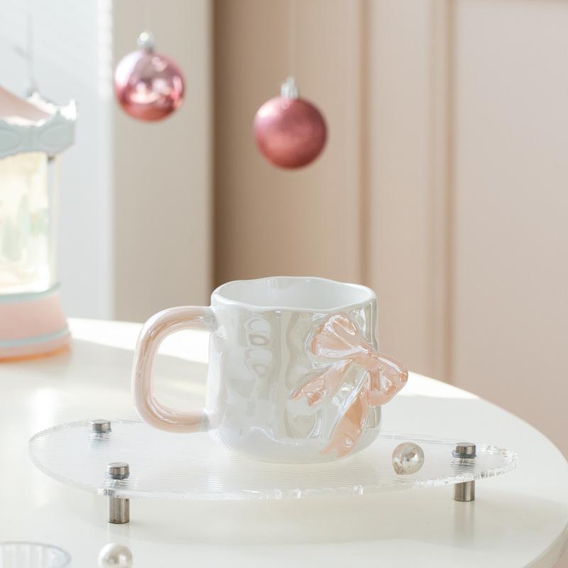 Pearlescent Glaze Bow Mug Nordic High Appearance Level Electroplated Ceramic  High End Feel  A Birthday Gift for A Girl's Best Friend