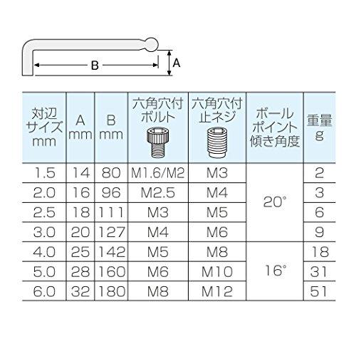 HOZAN W-110 Ball Point Wrench Set, 7-Piece Set, Long Type Hex Keys, Allen Keys, Flat Sizes 1.5/2/2.5/3/4/5/6mm
